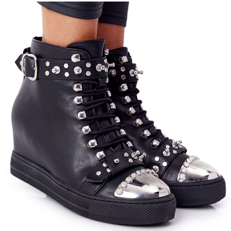 Black Lu Boo Black Boots On Wedge With Rhinestones