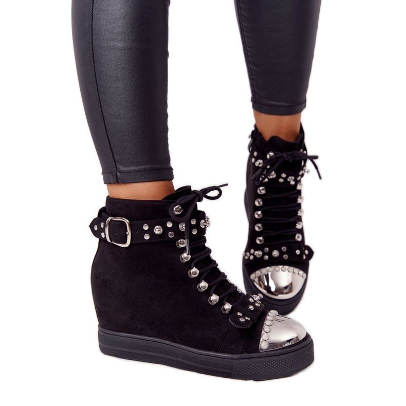 Black Suede Black Lu Boo Wedge Boots With Rhinestones