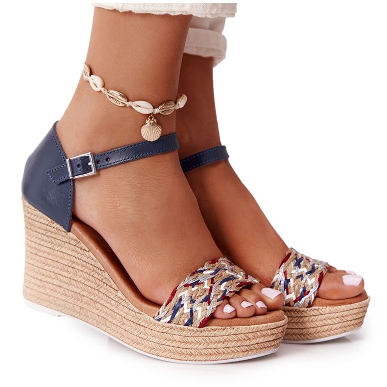 Leather Wedge Sandals Maciejka L4869-17 Navy Blue