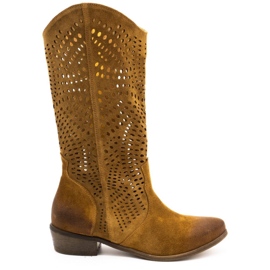 Exousite Women's openwork leather boots 1229 brown cognac