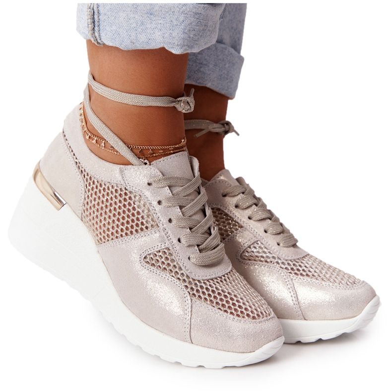 Leather Wedge Sneakers With Mesh S.Barski Golden beige