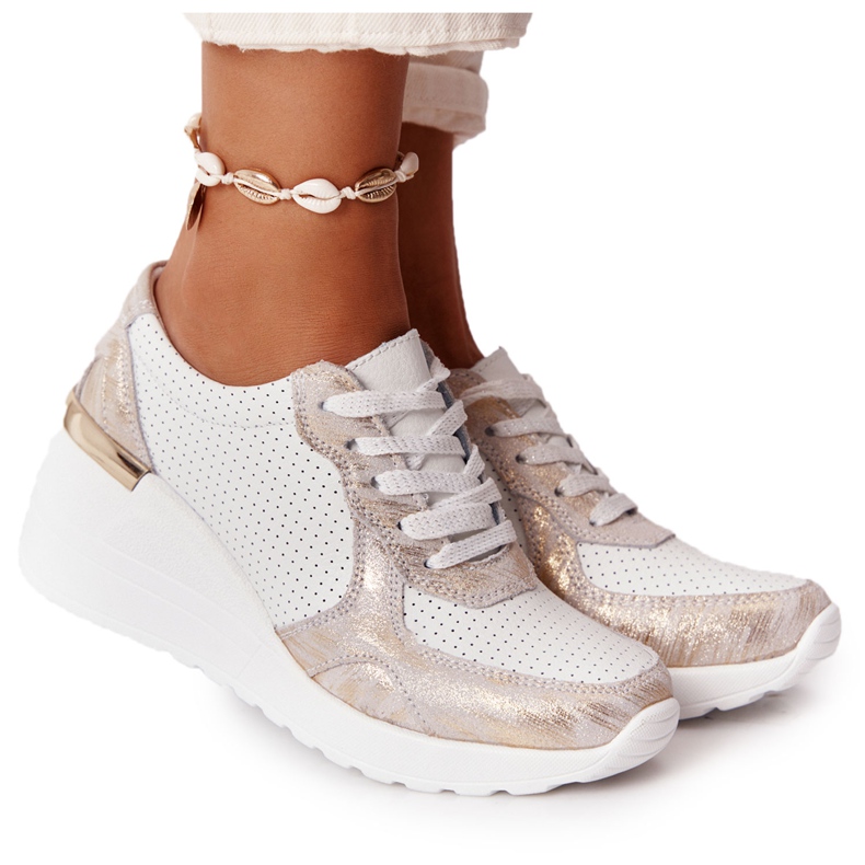 Leather Wedge Sneakers S.Barski 82105 White-Gold beige golden
