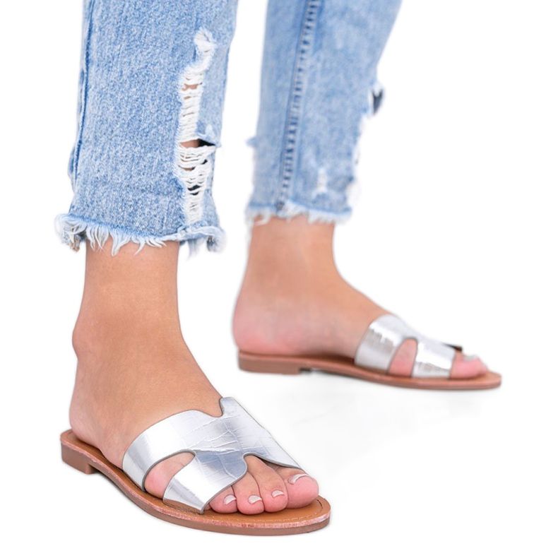 Silver slippers in the Phoenix crocodile skin pattern