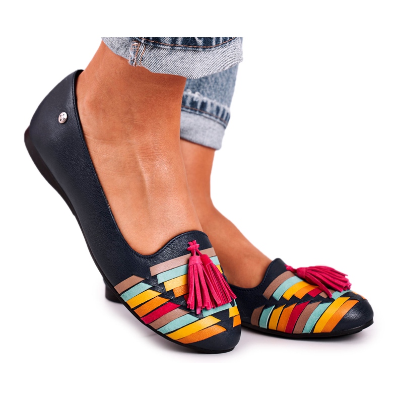 Maciejka Leather Ballerinas With Fringes Navy Blue 04016-17 multicolored