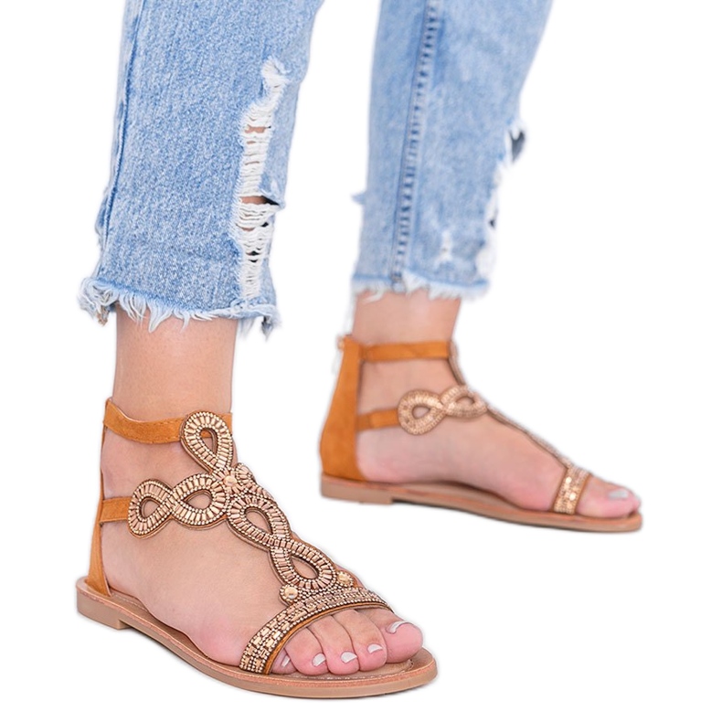 Camel sandals adorned with Cersi cubic zirconia brown