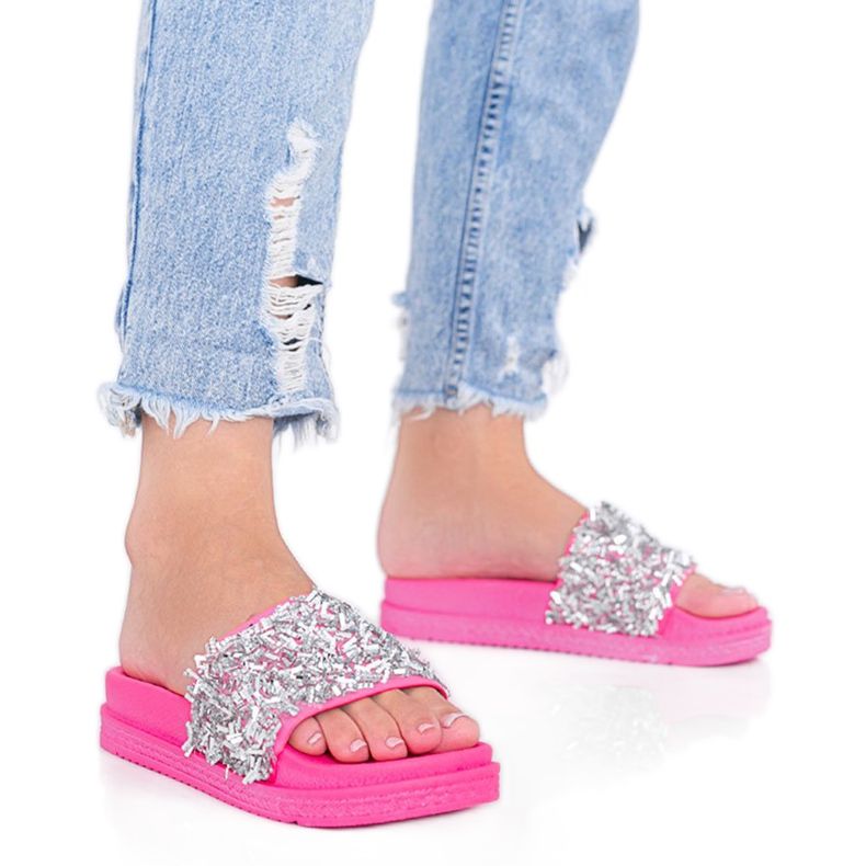Pink neon slippers with cubic zirconia Love Bling