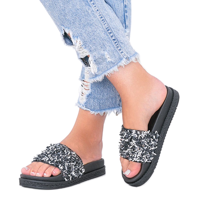 Black slippers with cubic zirconia Love Bling