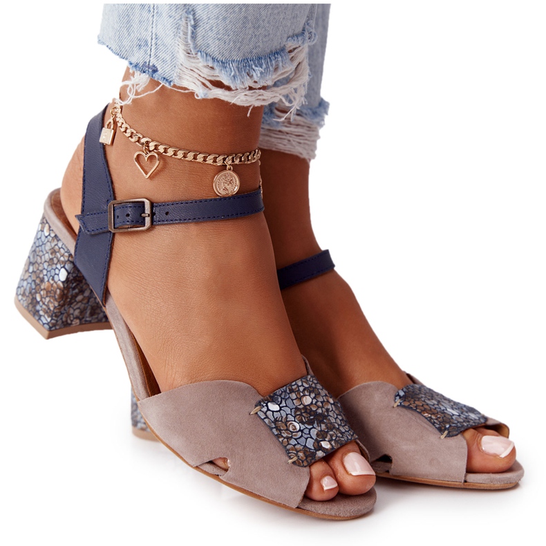 Leather High Heeled Sandals Maciejka 04120-43 Beige-Navy Blue