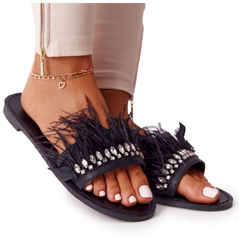 Black Lu Boo Slippers With Feathers