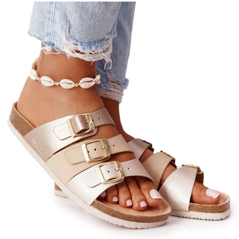 Leather Profiled Slippers Big Star HH274585 Beige and Gold golden Leather Profiled Slippers Big Star HH274585 Beige and Gold golden