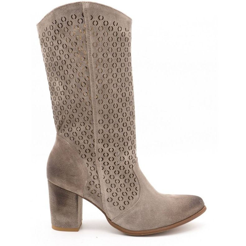 Exousite Women's openwork leather boots high heels 1224 gray grey