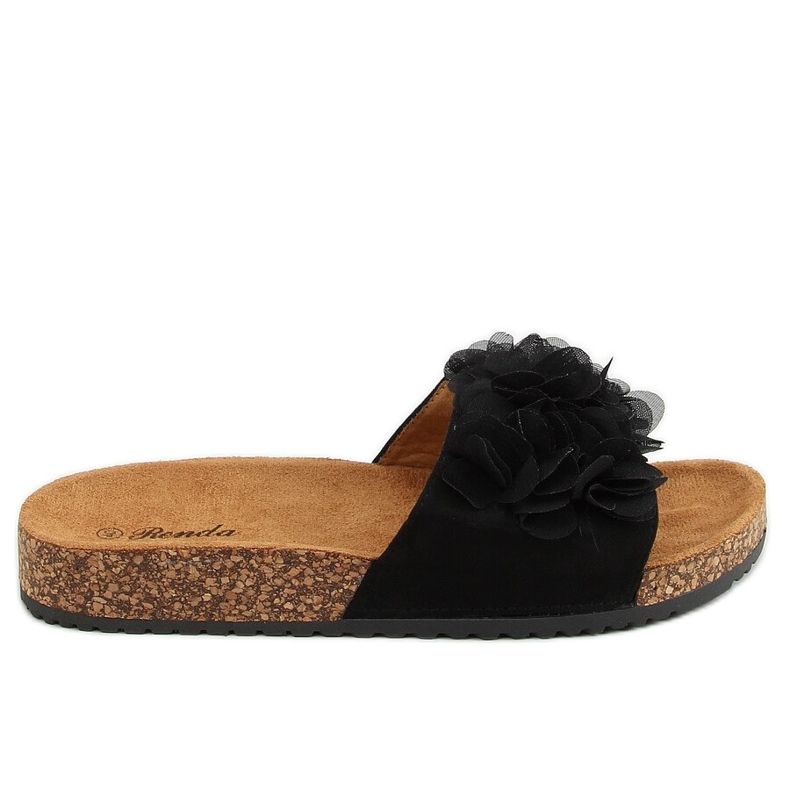 Black cork slippers with flowers 620-73 Black