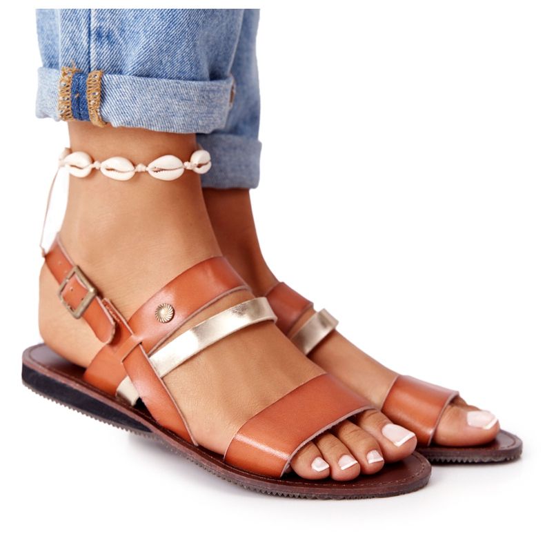 PE1 Women's flat sandals, brown and gold Doris golden