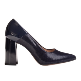 Marco Shoes Navy blue pumps made of polished chamois leather with a varnished heel Marco Shoes Navy blue pumps made of polished chamois leather with a varnished heel