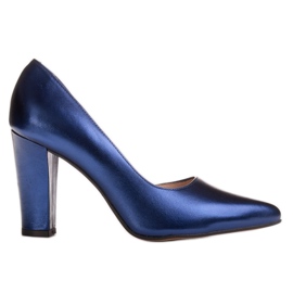Marco Shoes elegant navy blue leather pump with a higher - KeeShoes
