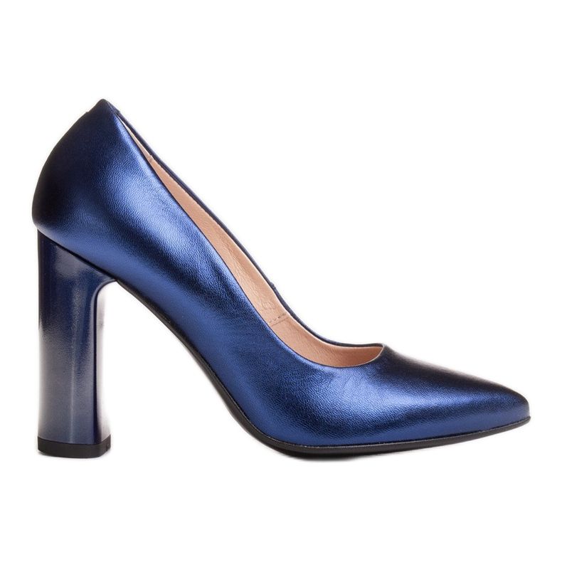 Marco Shoes An elegant navy blue metallic leather pump with a higher heel