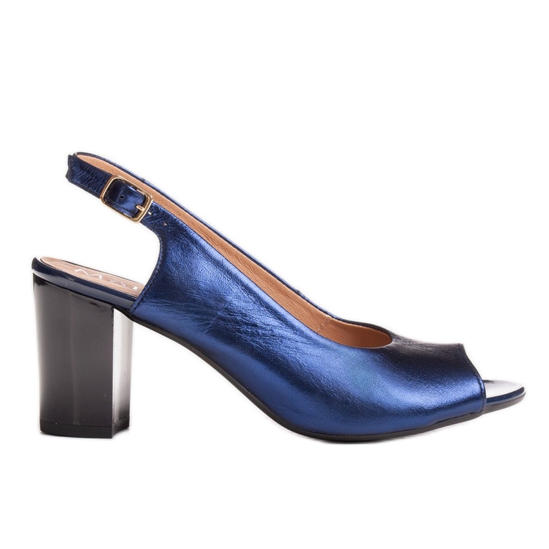 Marco Shoes Marco metallic leather sandals with a stable heel navy blue blue Marco Shoes Marco metallic leather sandals with a stable heel navy blue blue