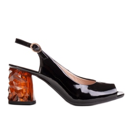 Marco Shoes Black lacquered sandals with 3D amber heel