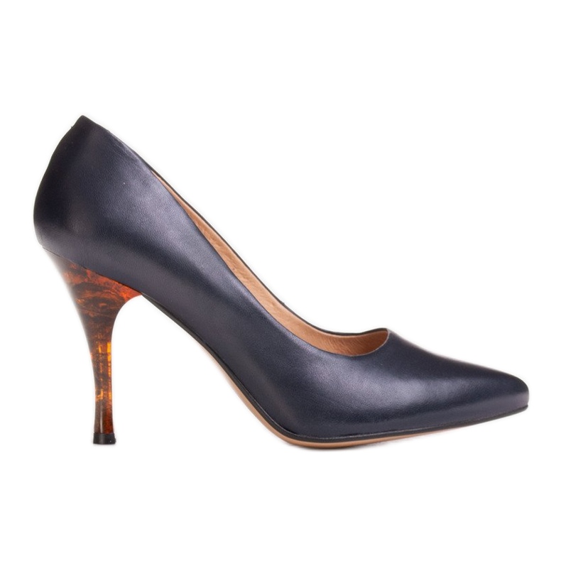 Marco Shoes 1599P navy blue heels with amber heel