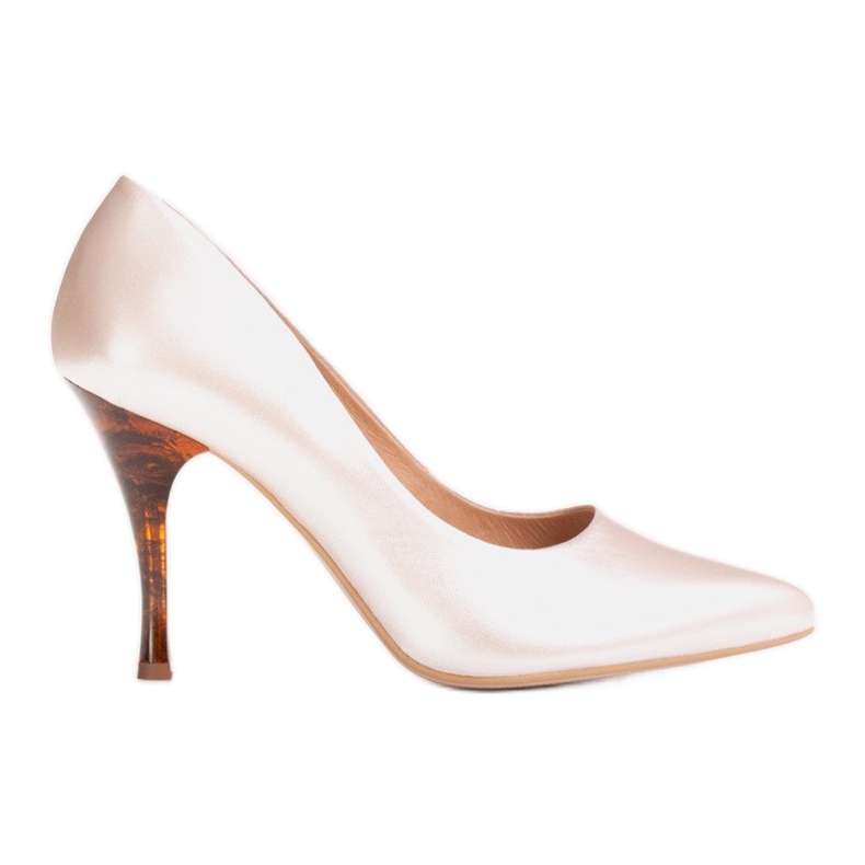 Marco Shoes 1599P beige stilettos with an amber heel