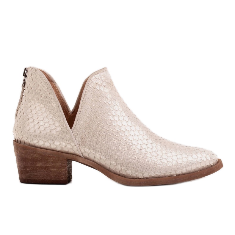 Marco Shoes Natural suede ankle boots with a V-cut golden