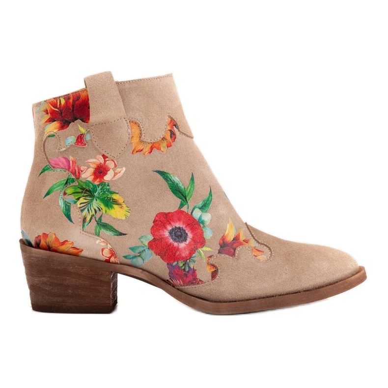 Marco Shoes Beige boots made of natural suede with a floral print