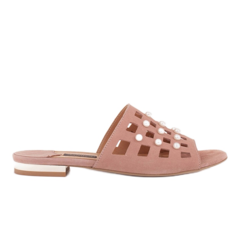 Marco Shoes Elegant women's slippers with pearls and perforation pink