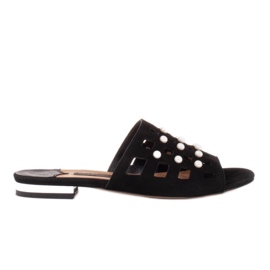 Marco Shoes Elegant women's slippers with pearls and perforation black Marco Shoes Elegant women's slippers with pearls and perforation black