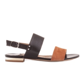 Marco Shoes Flat, genuine leather sandals with a metallic heel brown