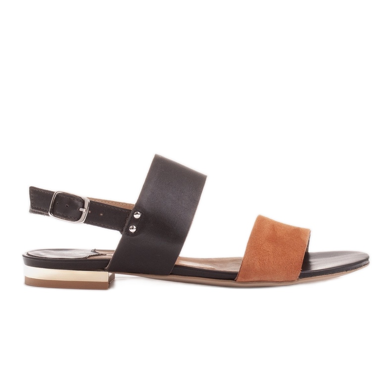 Marco Shoes Flat, genuine leather sandals with a metallic heel brown