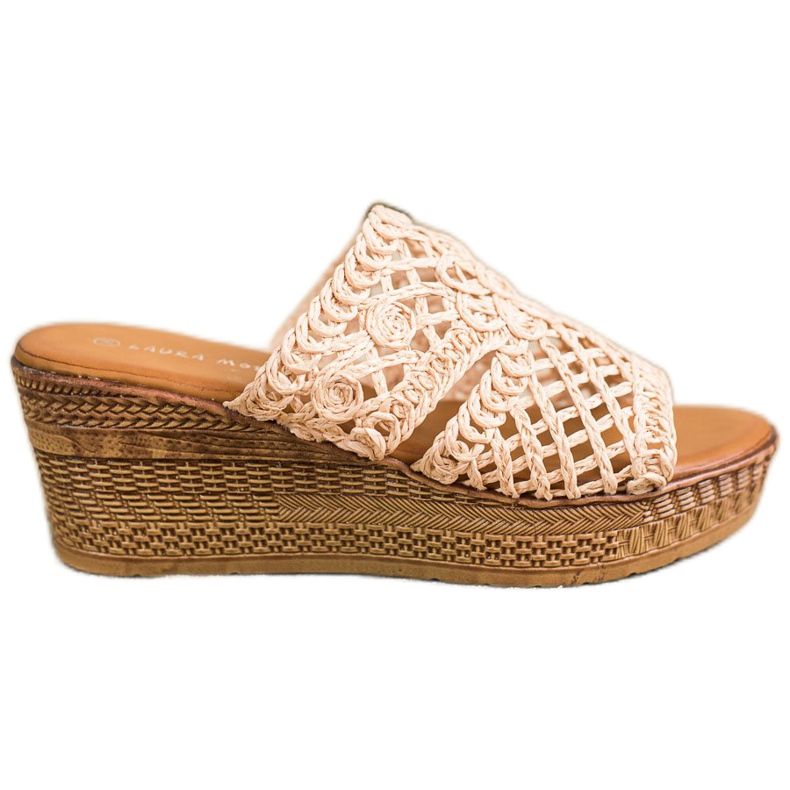 Laura Mode Openwork Wedge Slippers beige brown