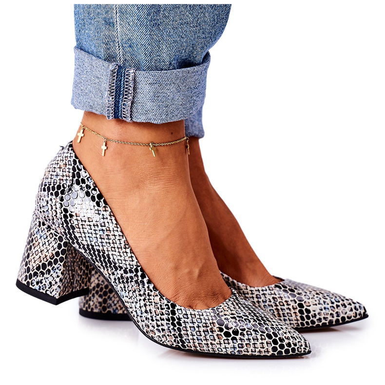 Leather Pumps With Animal Pattern Lewski Shoes 2801 Black-Blue