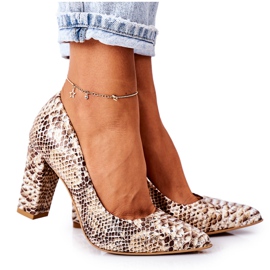 Leather Pumps With Snakeskin Pattern Lewski Shoes 2453 Golden Leather Pumps With Snakeskin Pattern Lewski Shoes 2453 Golden