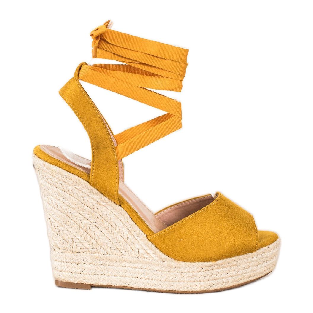 SHELOVET Mustard colored sandals on a high wedge heel yellow