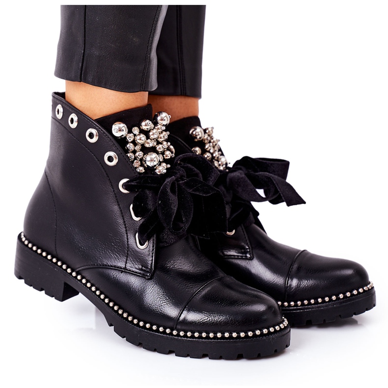 PS1 Warm Boots With Metal Pearls, Rhinestones And Ribbon Black Perla