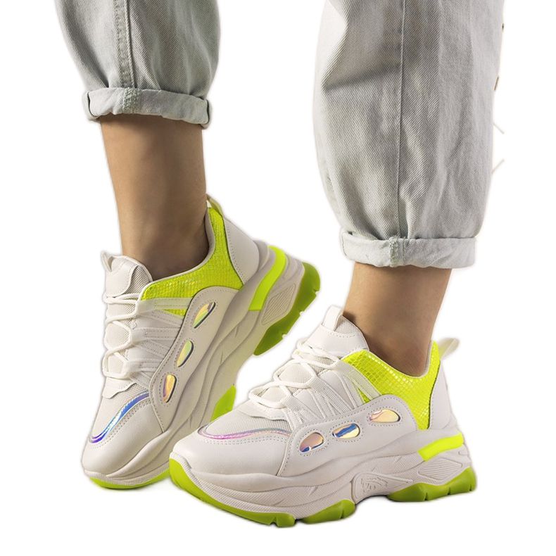 White sneakers with neon Far Away inserts