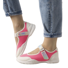 Neon pink trainers with a holographic Melania insert white