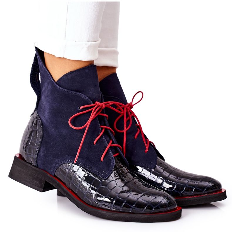 Alberto Violli Leather Booties Alligator pattern Navy Blue Bruselle red