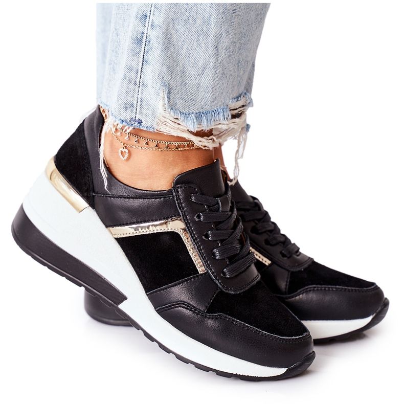 S.Barski Women's Leather Wedge Sneakers Black White Manitoba S.Barski Women's Leather Wedge Sneakers Black White Manitoba