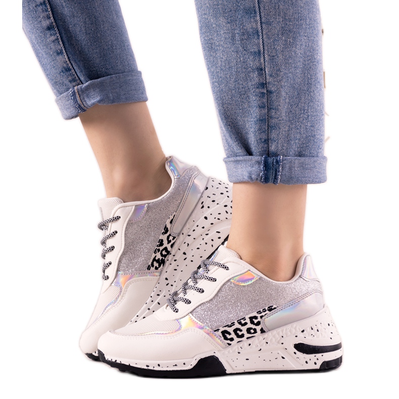 White sneakers with Manitoba holographic inserts silver
