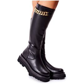 S.Barski Women's High Black Boots with Chain Vivien