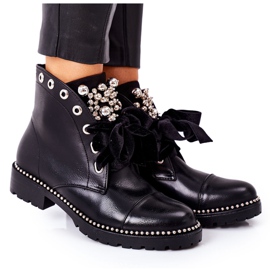 PS1 Warm Boots With Metal Pearls, Rhinestones And Ribbon Black Perla