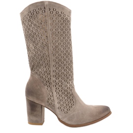 Exousite Women's openwork leather boots high heels 1224 gray grey