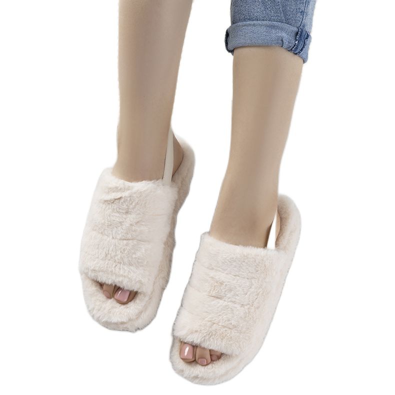 Ladies' beige slippers with an elastic band and Fierro fur