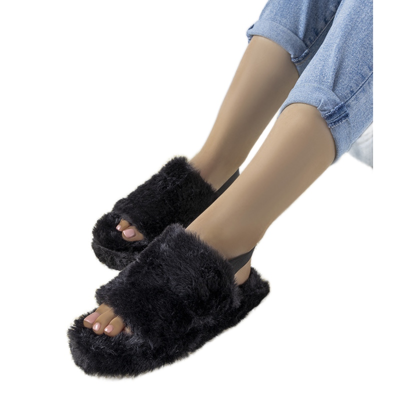 Ladies' black slippers with an elastic band and Fierro fur