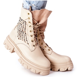 PA2 Women's Openwork Leather Boots Beige Small Hootie