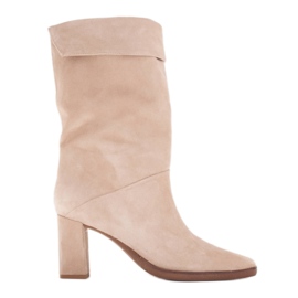 Marco Shoes High-heeled ankle boots with a turn-up collar beige