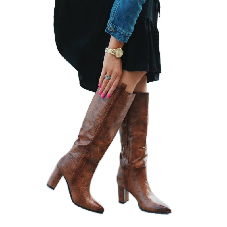 Camel boots on the post in Mona crocodile pattern brown