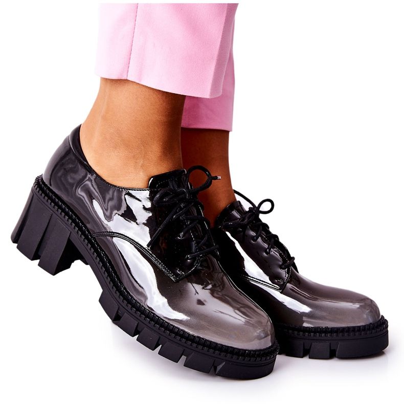 S.Barski Lacquered, tied black-and-gray Mosa shoes grey