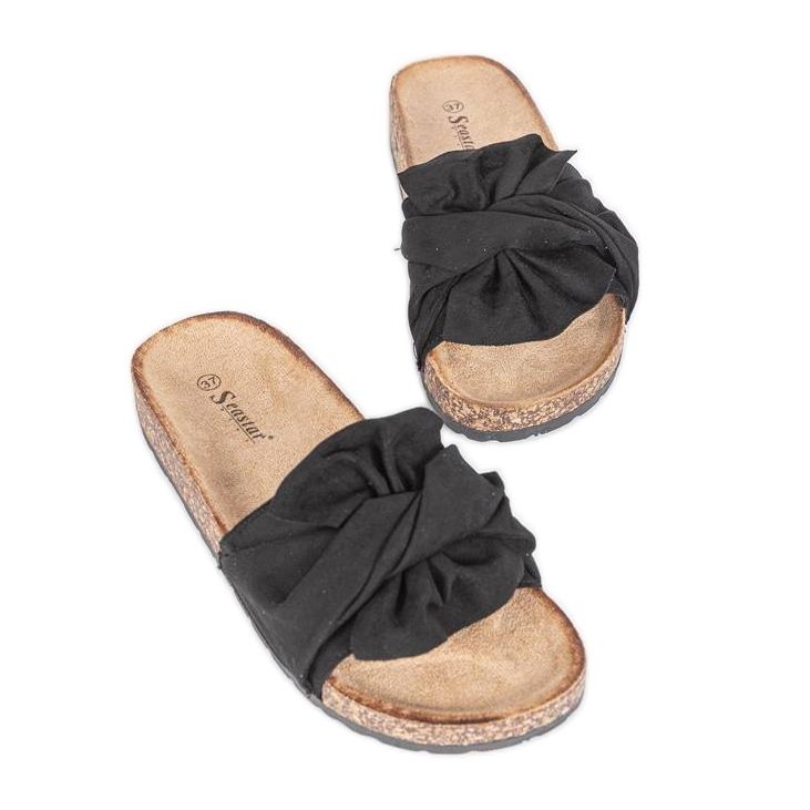 Black slippers with a Step Of Pleasure bow